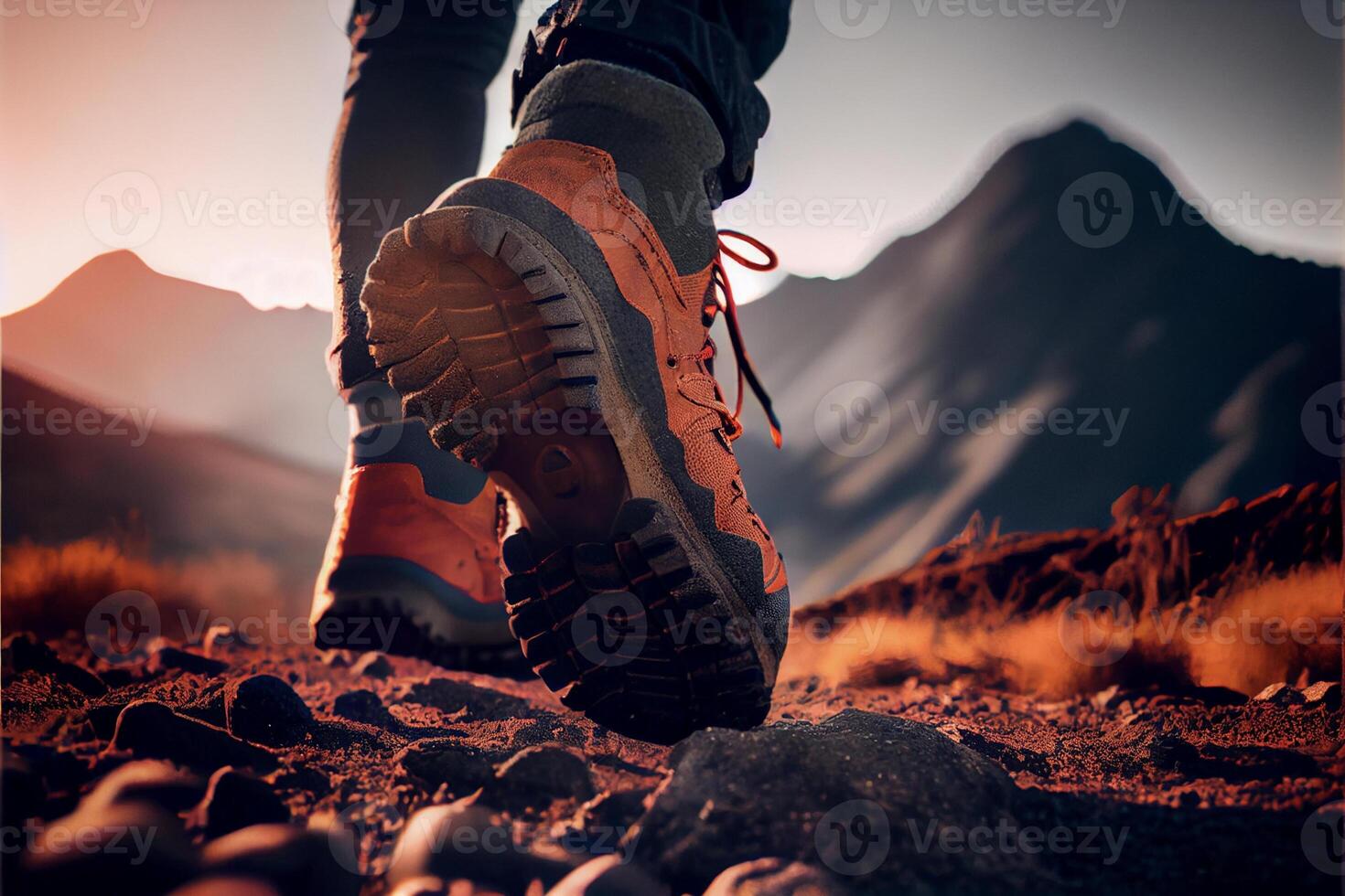 close up of a persons shoes with mountains in the background. . photo