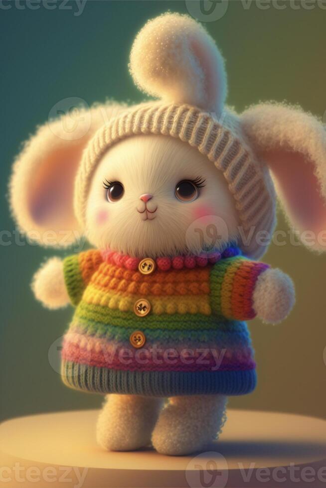 close up of a stuffed animal wearing a sweater. . photo