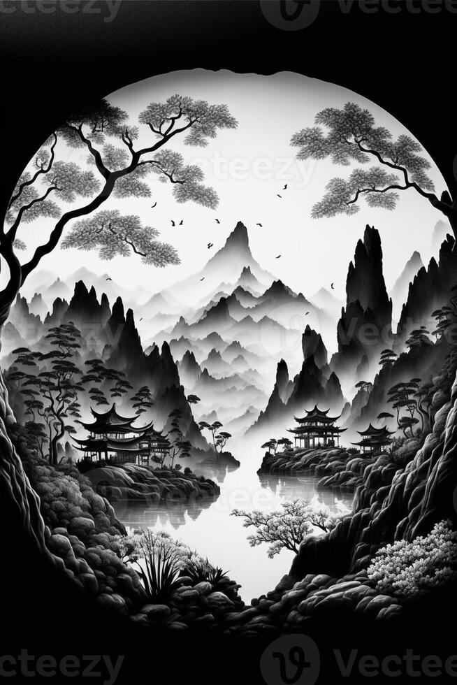 black and white painting of a mountain landscape. . photo