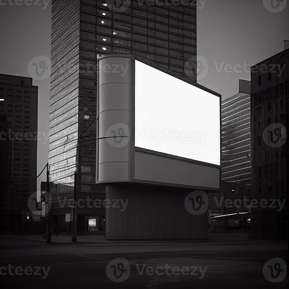 black and white photo of a billboard in a city. .