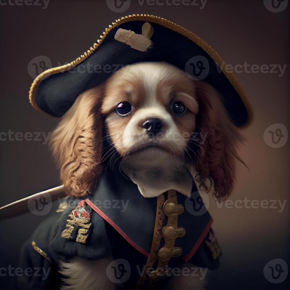 close up of a dog wearing a pirate costume. . photo