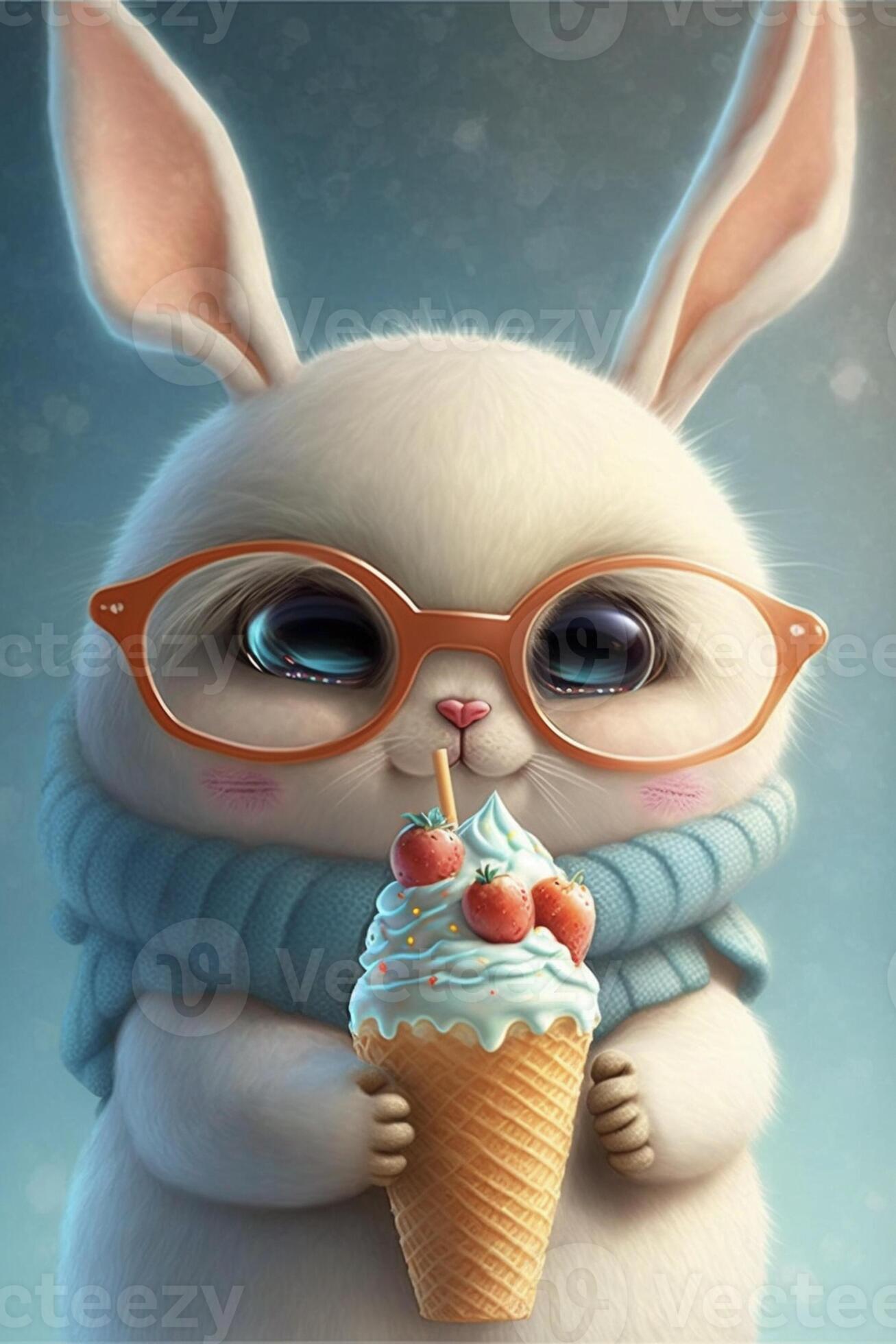 cartoon bunny eating an ice cream cone. generative ai. 22888811 Stock