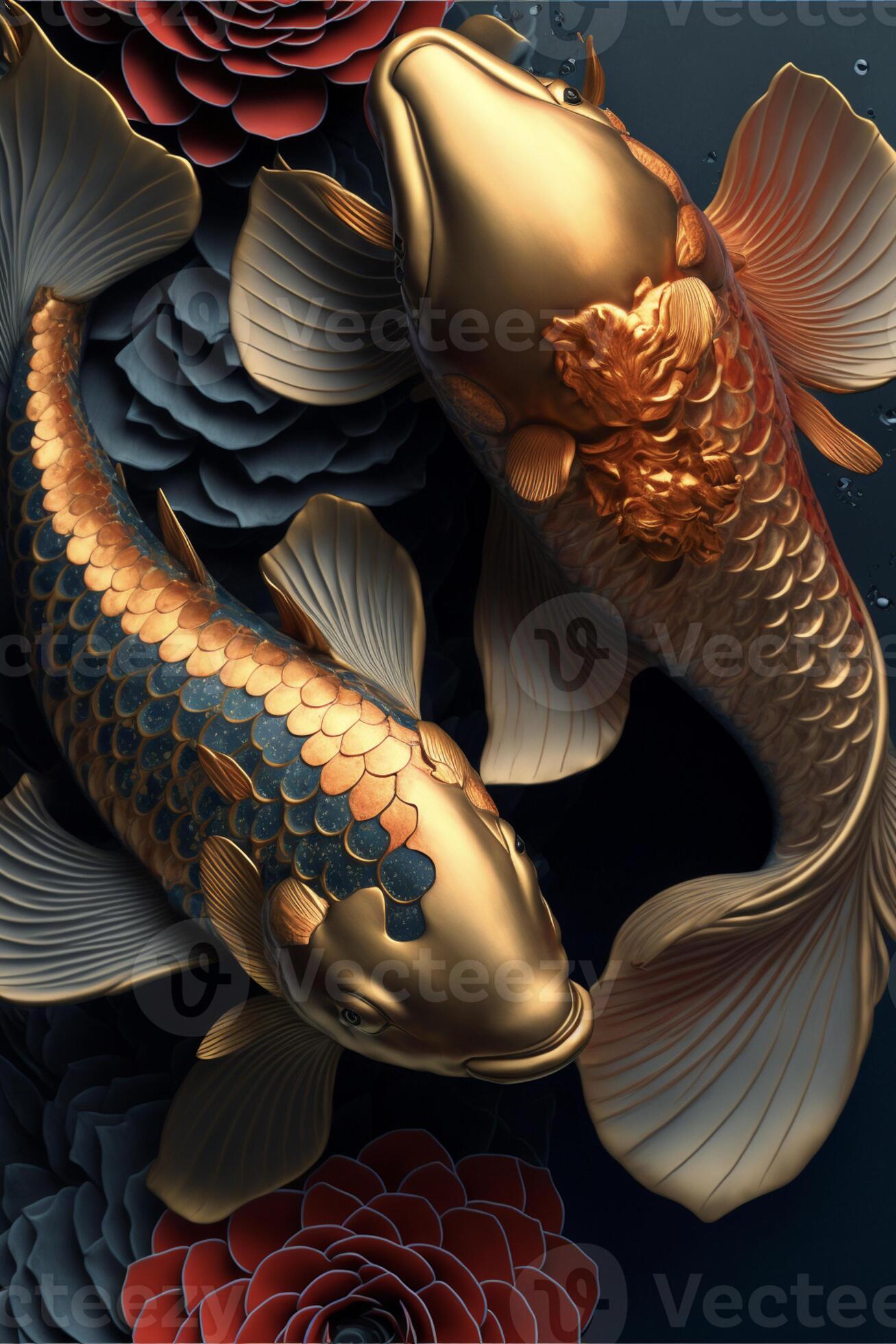 gold and black koi fish surrounded by flowers 22888850 Stock Photo at