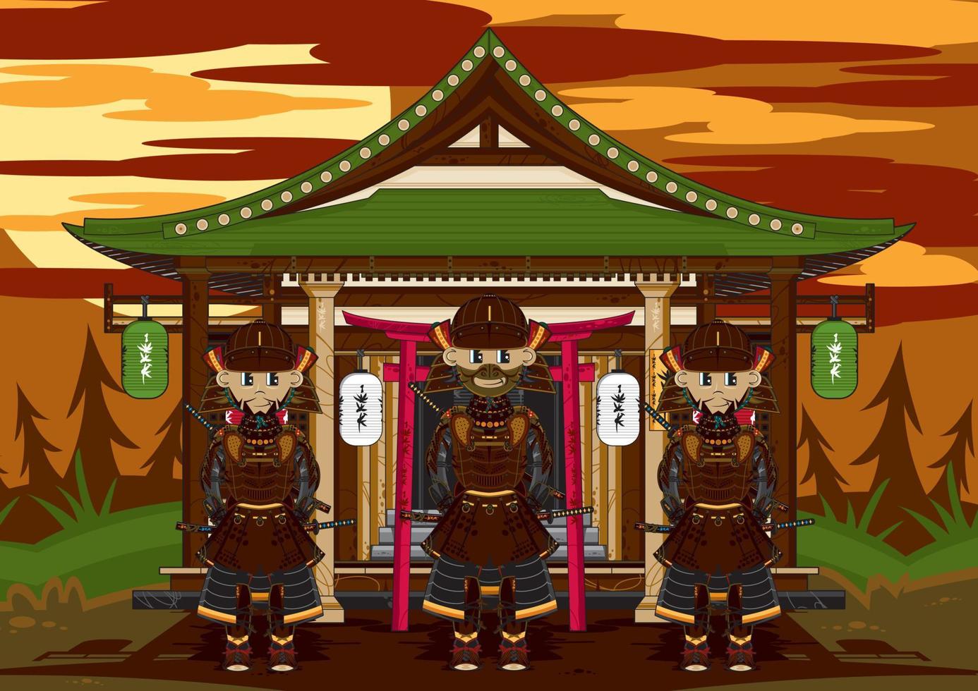 dibujos animados japonés samurai guerreros fuera de antiguo templo historia ilustración vector