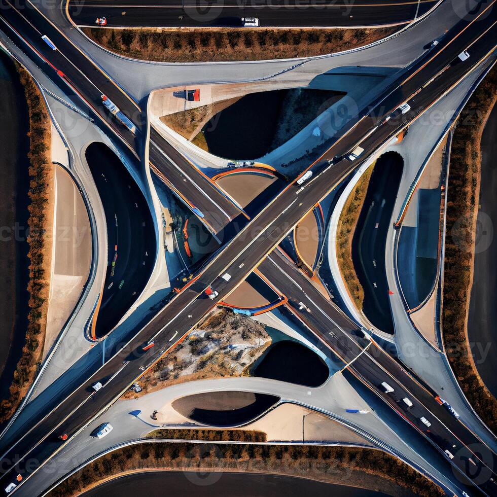 birds eye view of a highway intersection. . photo