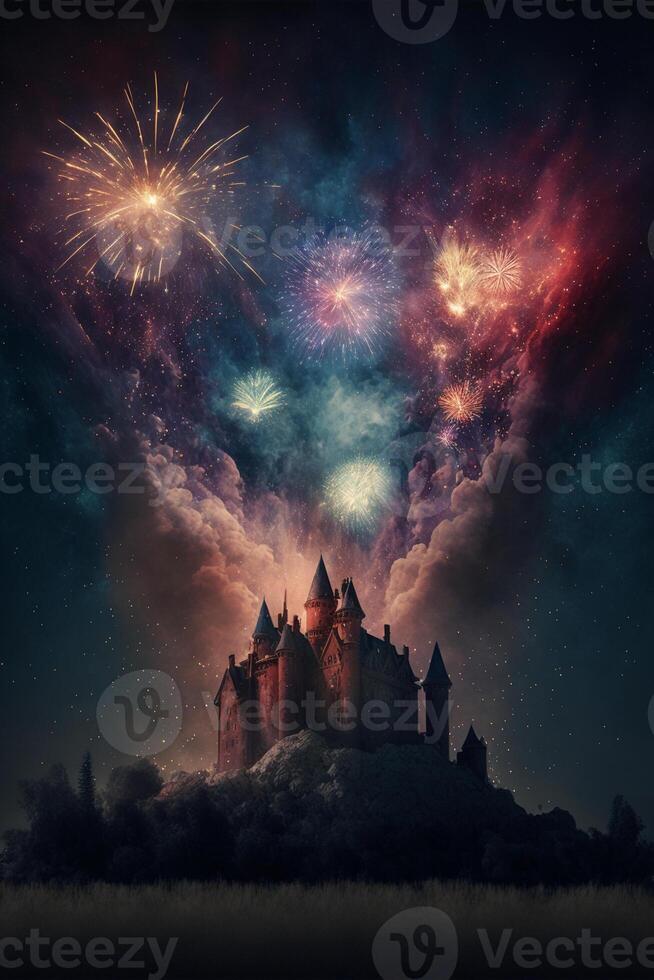 castle on a hill with fireworks in the sky. . photo