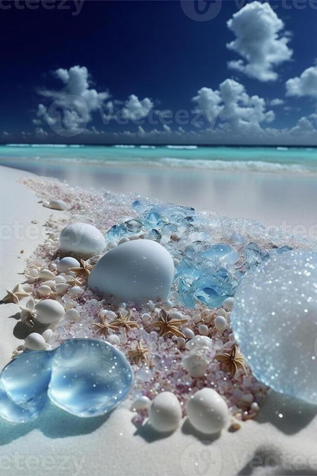 bunch of sea glass sitting on top of a sandy beach. . photo