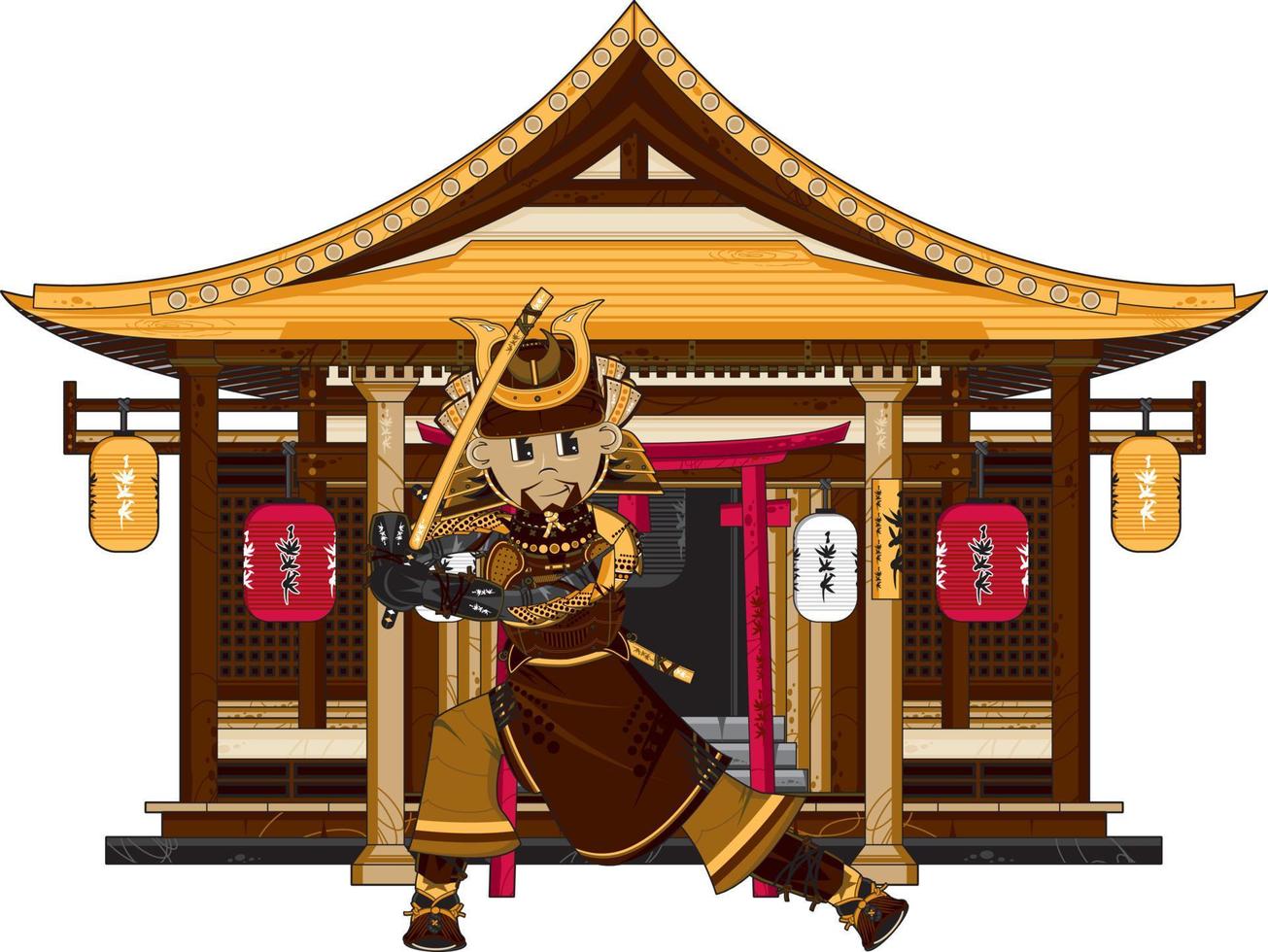 Cartoon Japanese Samurai Warrior Outside Ancient Temple History Illustration vector