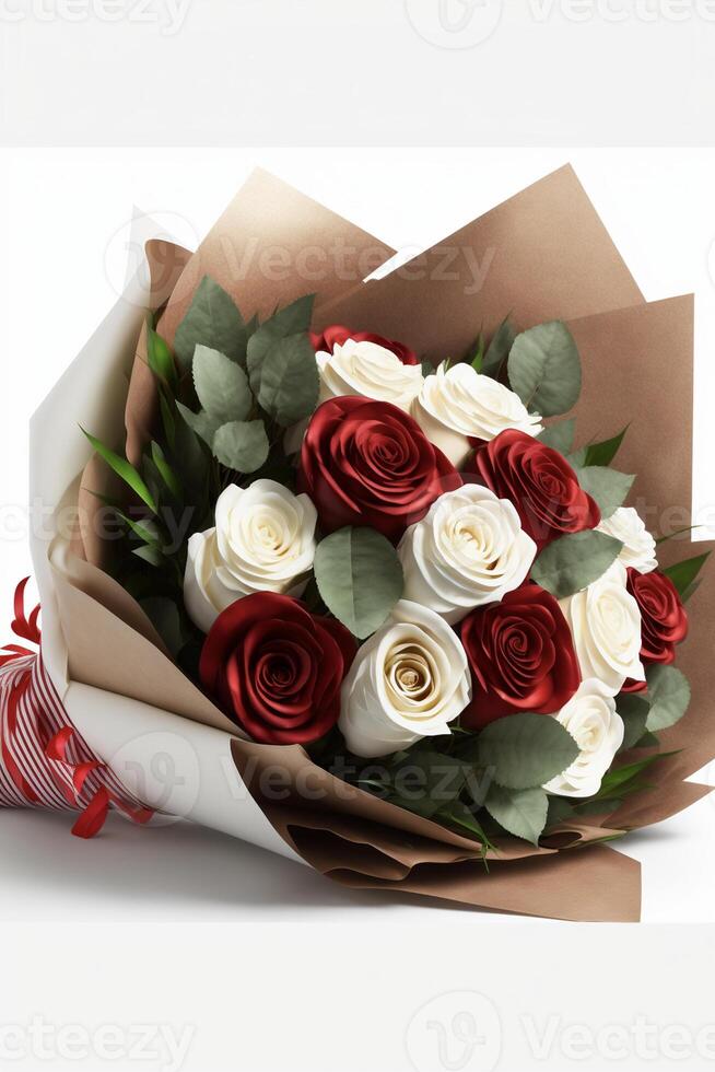 bouquet of red and white roses wrapped in brown paper 22889790