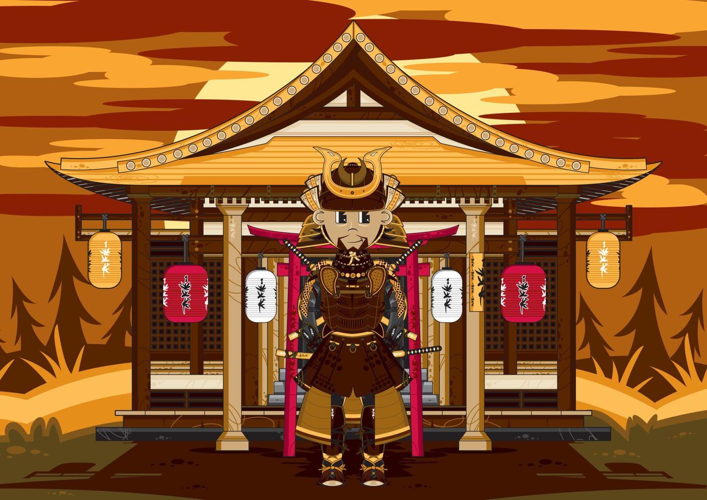 Cartoon Japanese Samurai Warrior Outside Ancient Temple History Illustration vector