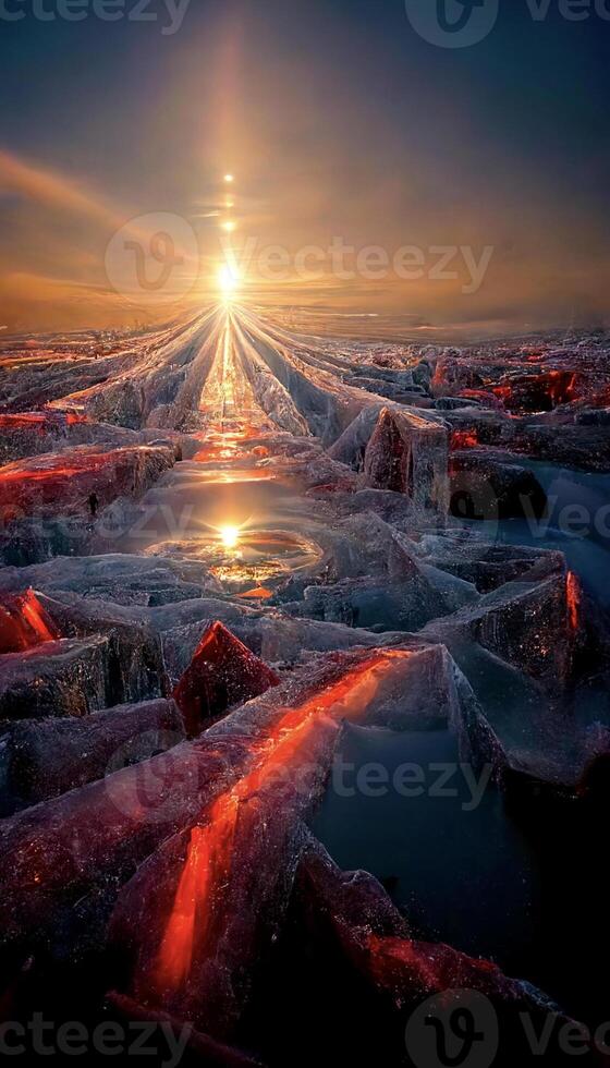 the sun is setting over a frozen lake. . photo