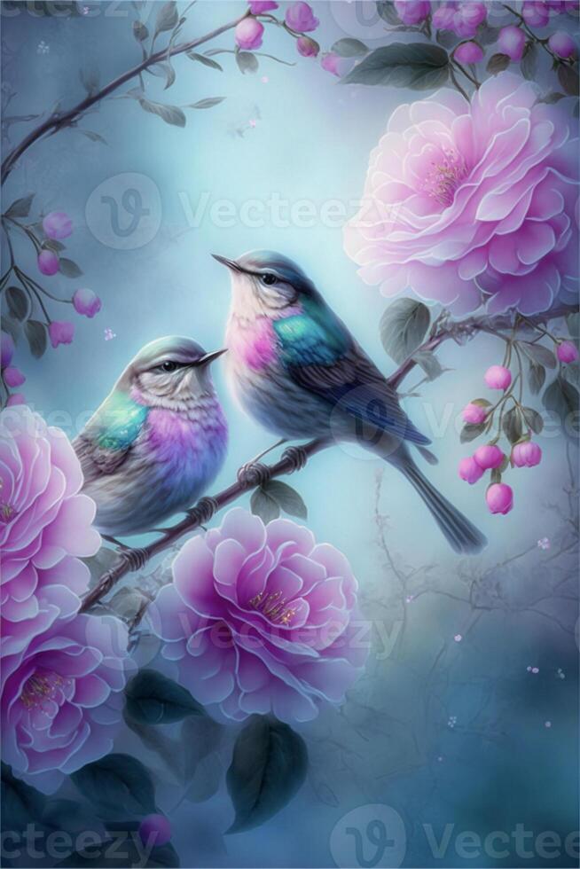 two birds sitting on a branch with pink flowers. . photo