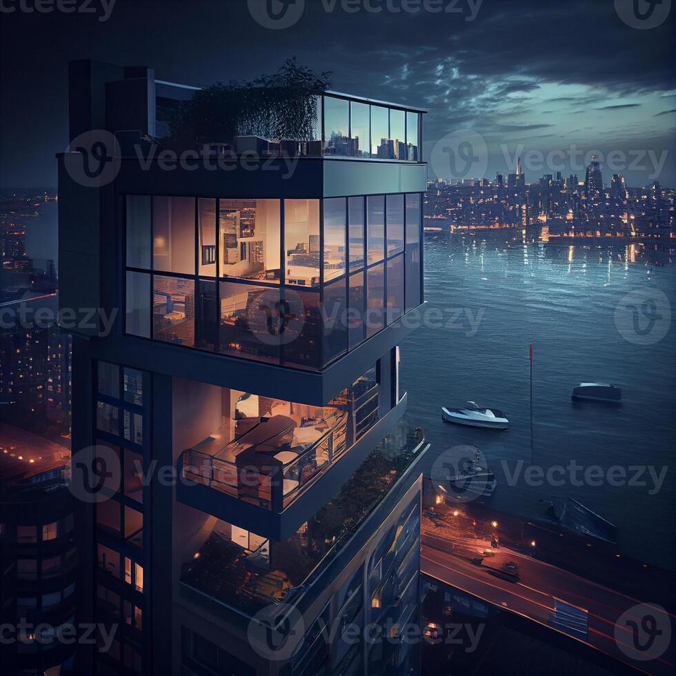 view of a city at night from a high rise building. . photo