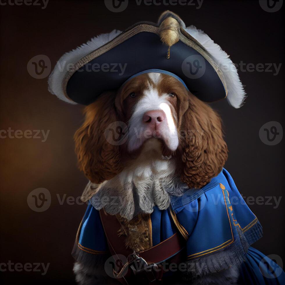 brown and white dog wearing a blue costume. . photo