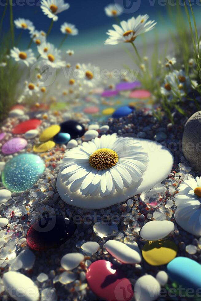 blanco flor sentado en parte superior de un pila de rocas generativo ai. foto