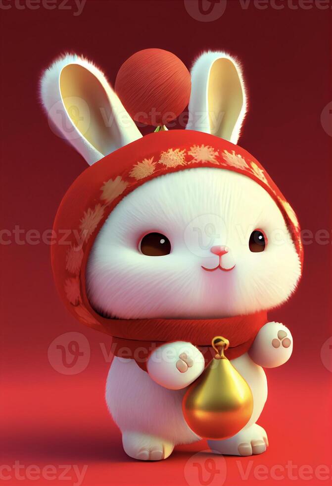 white rabbit wearing a red hat and holding a bell. . photo