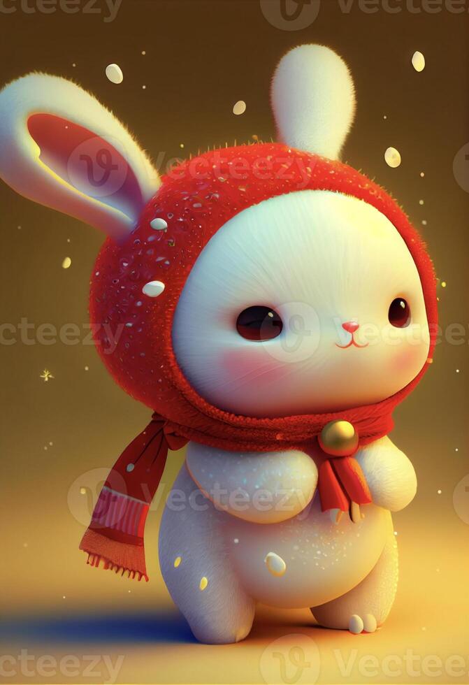 white rabbit wearing a red hat and scarf. . photo