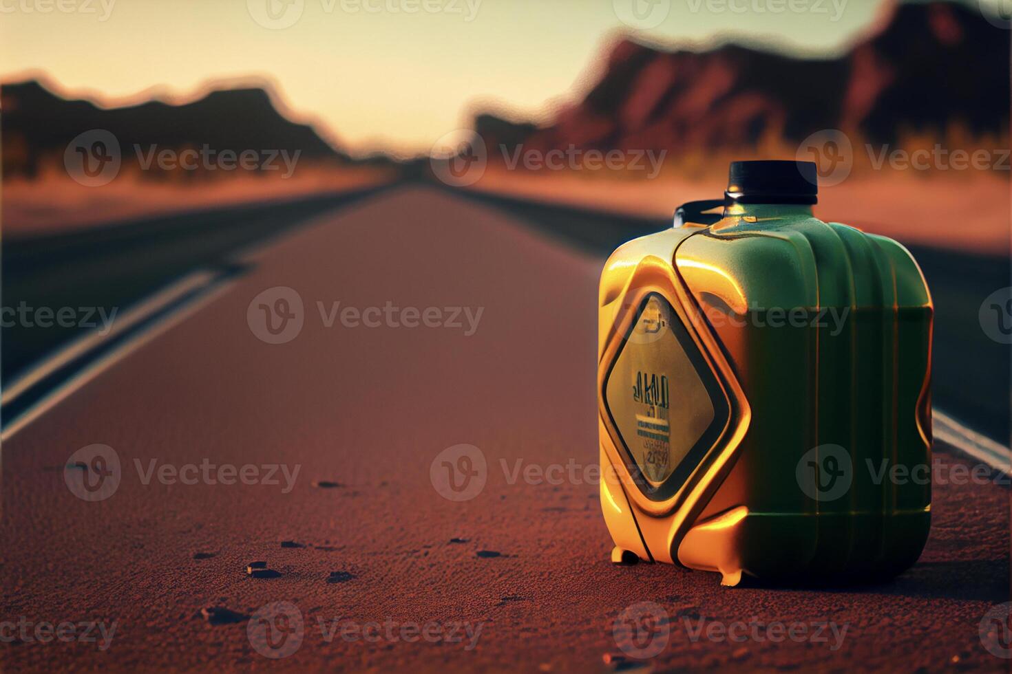 yellow gas can sitting on the side of a road. . photo