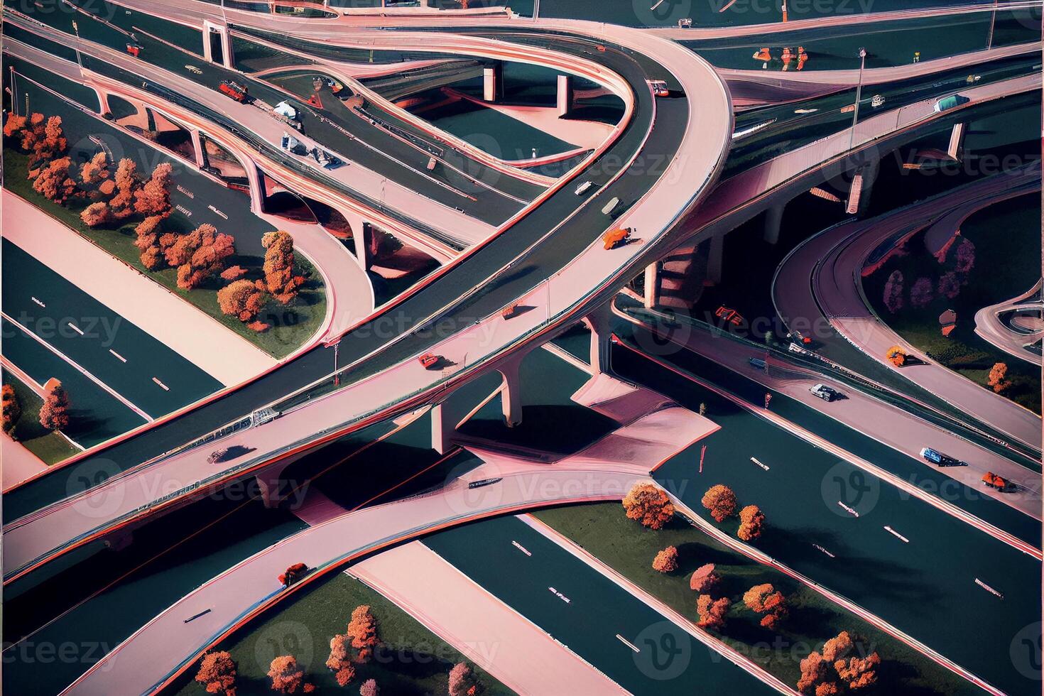 an aerial view of a highway intersection with multiple lanes. . photo