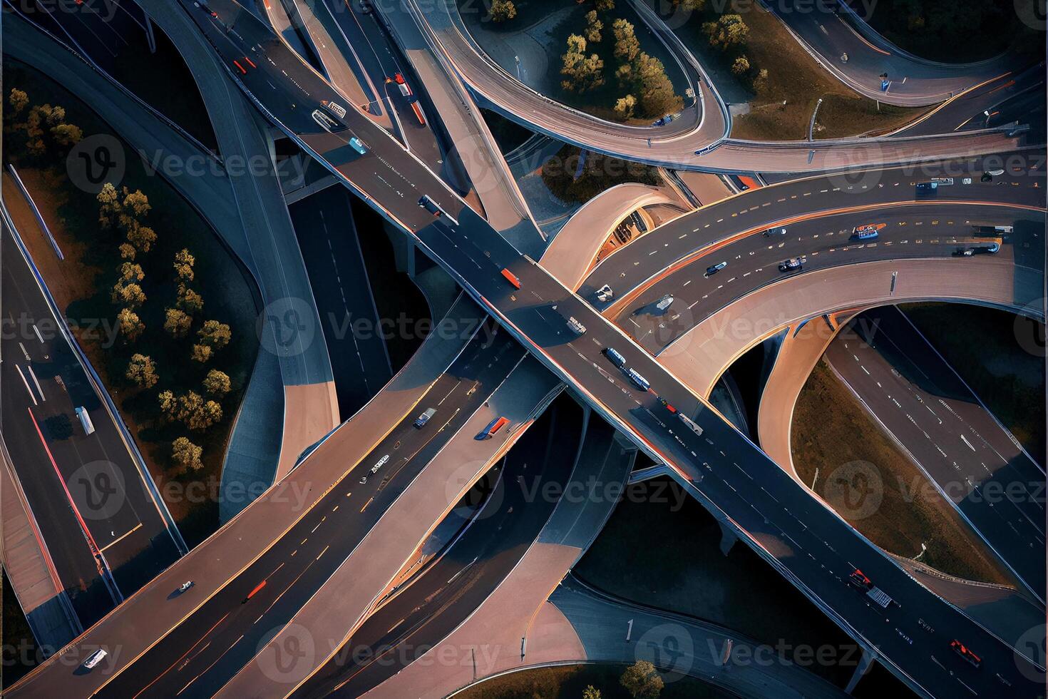 an aerial view of a highway intersection at dusk. . photo