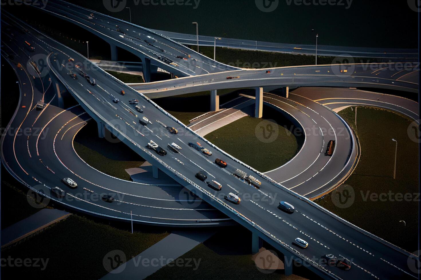 an aerial view of a highway intersection at night. . photo