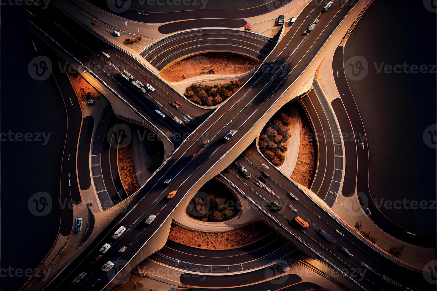 an aerial view of a highway intersection at night. . photo