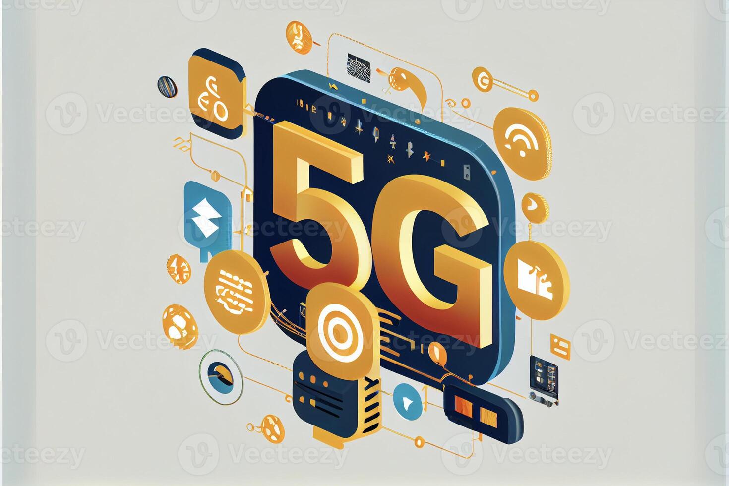 an illustration of a 5g phone surrounded by icons. . photo