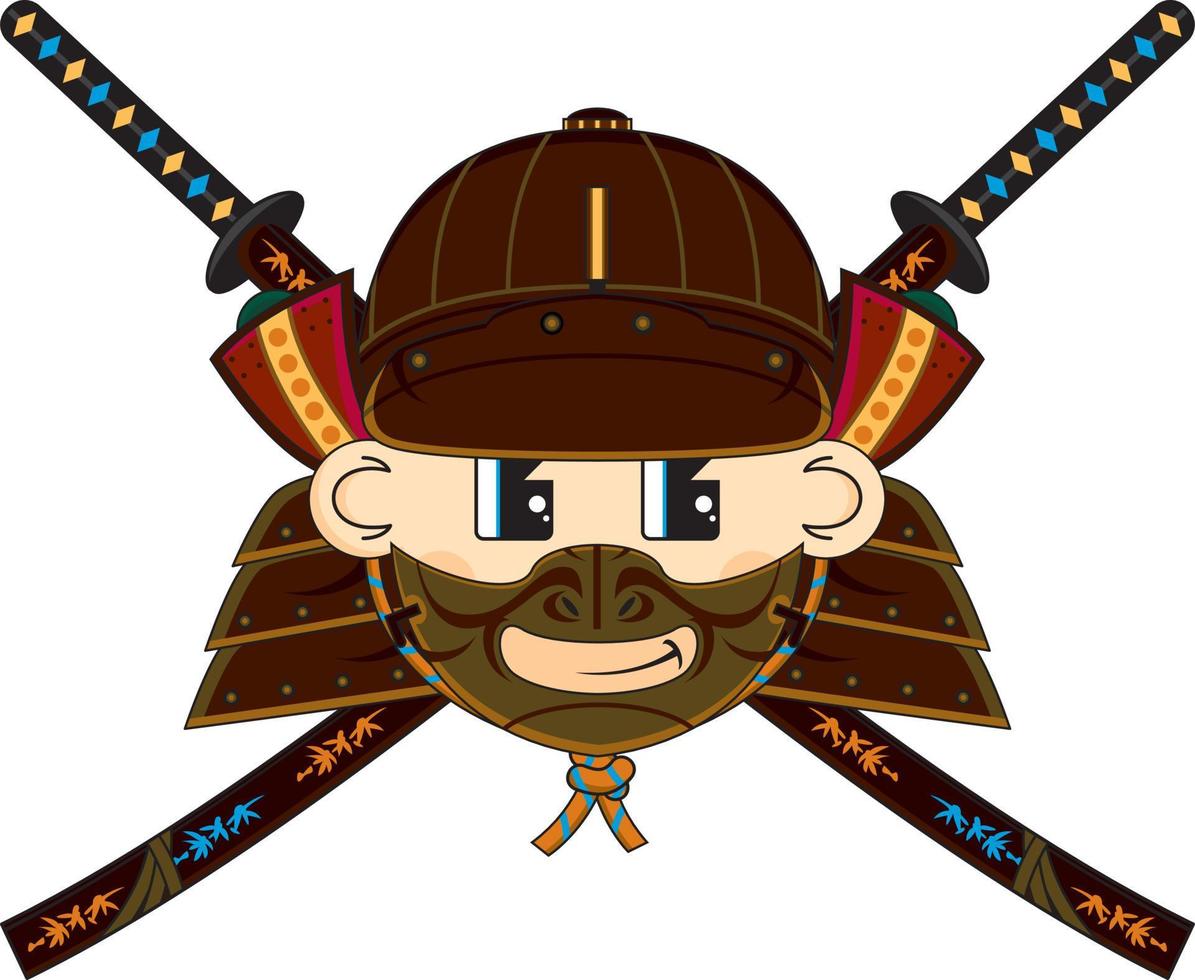 Cartoon Japanese Samurai Warrior with Crossed Swords History Illustration vector