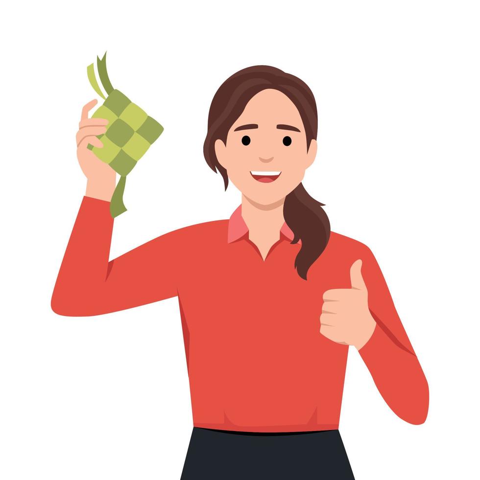 Young business woman holding ketupat prepare for ramadhan. vector