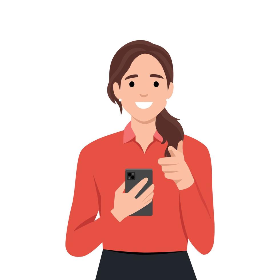 Young woman holding smart phone and pointing forward as she is asking you to join. vector