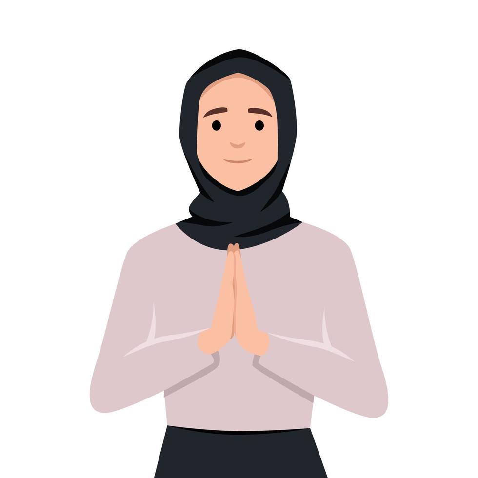 Illustration of Muslim woman with apologizing pose for eid mubarak or ramadan vector