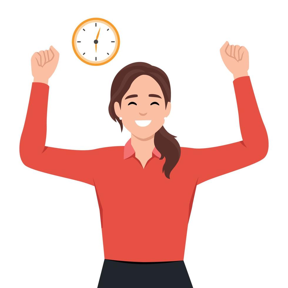 Successful time management and alarm concept. Young smiling woman cartoon character standing showing alarm clock vector