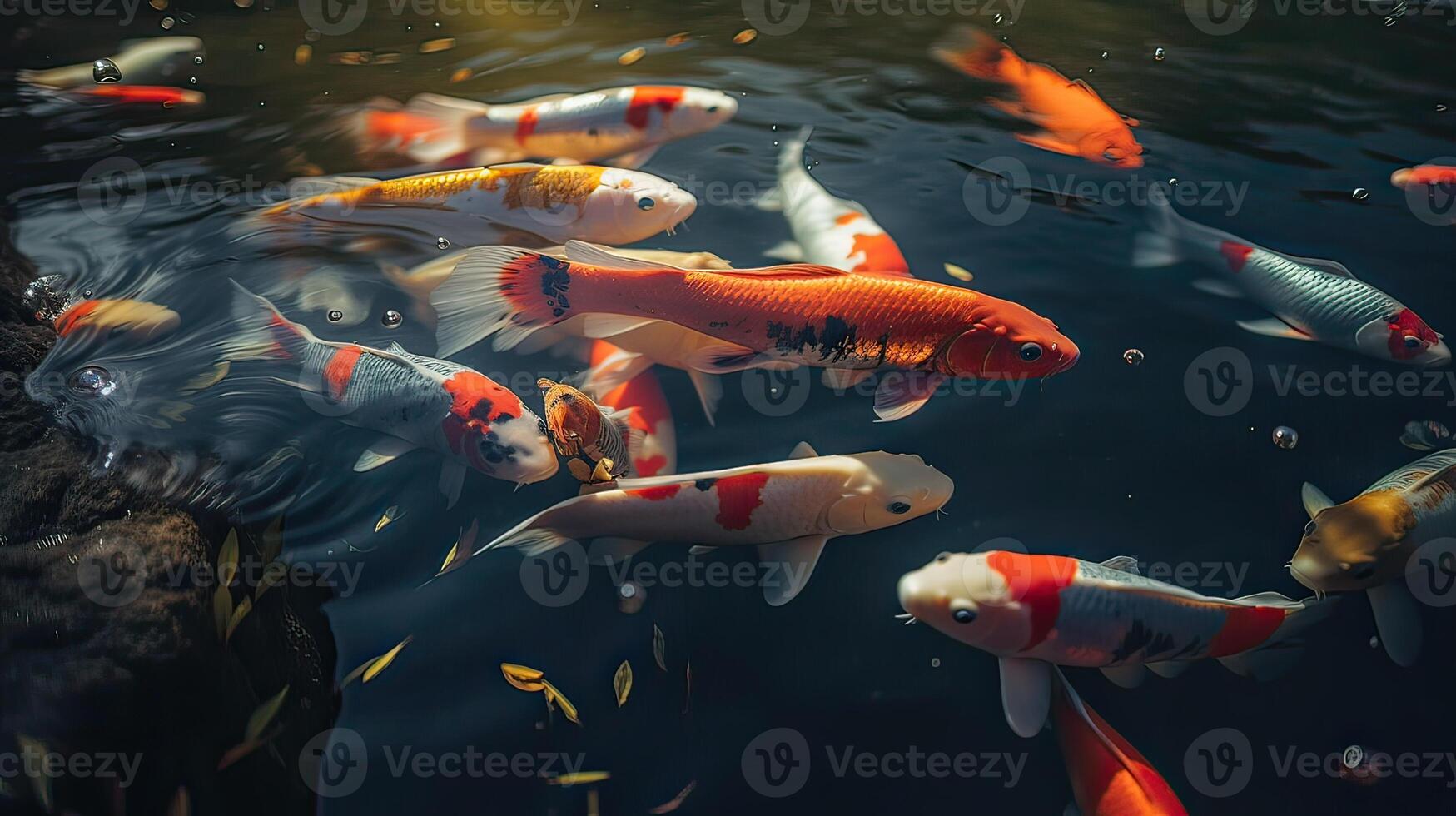 Overhead view of koi carps swimming in pond. . photo