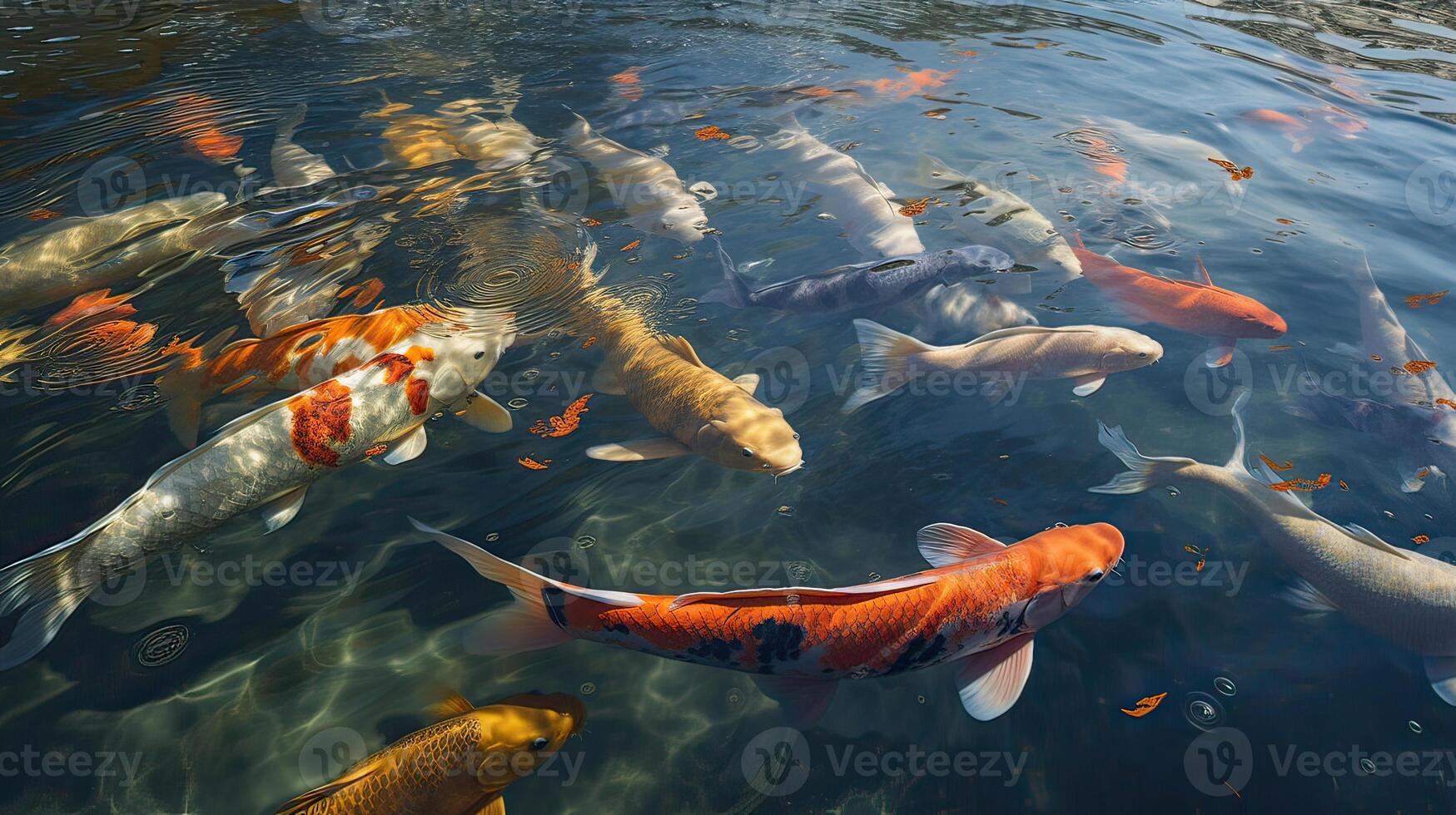 Overhead view of koi carps swimming in pond. . photo