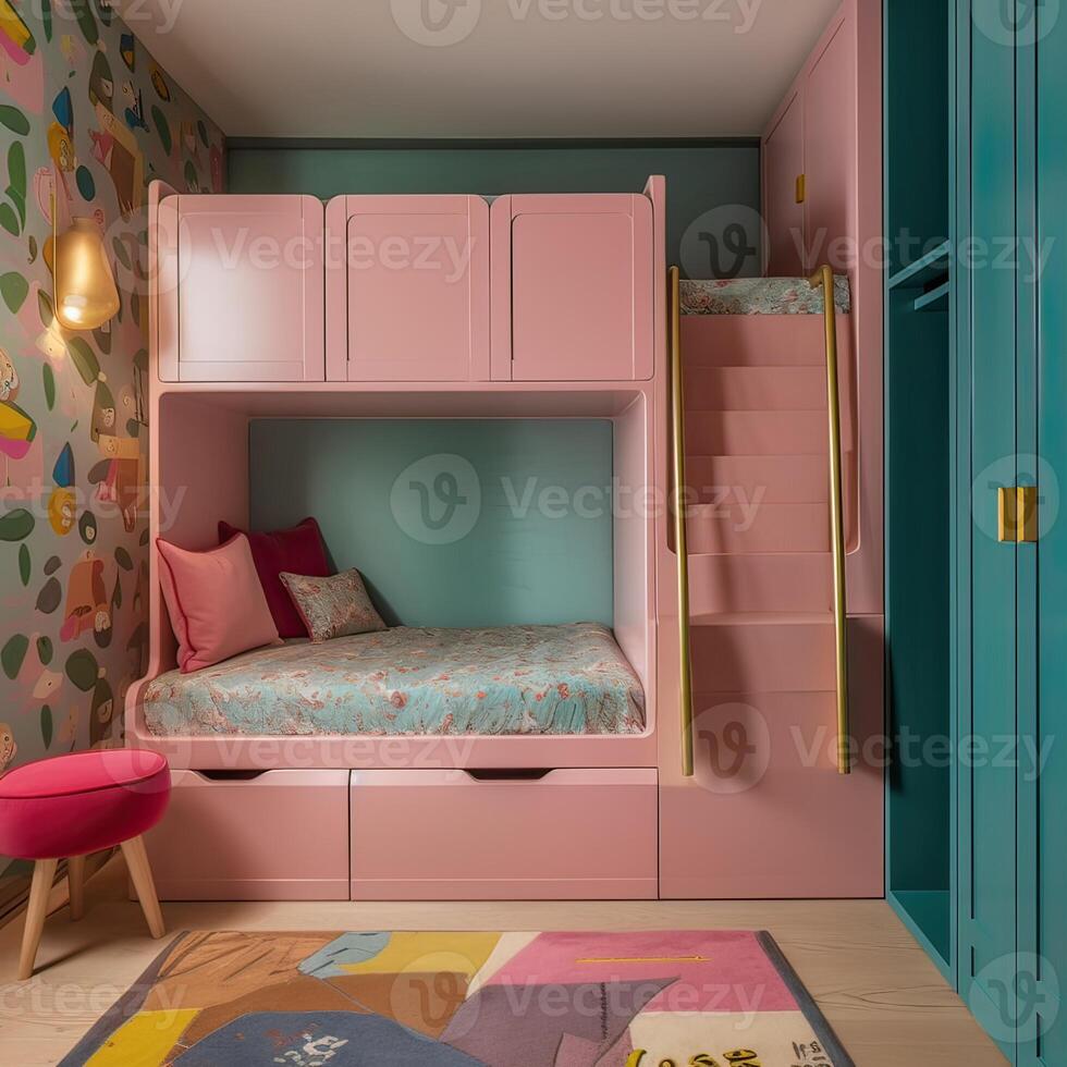 Children room interior with comfortable bed. . photo