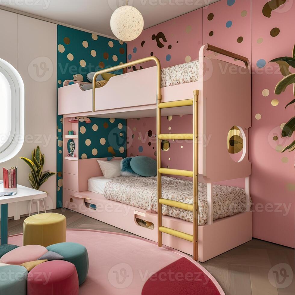 Children room interior with comfortable bed. . photo