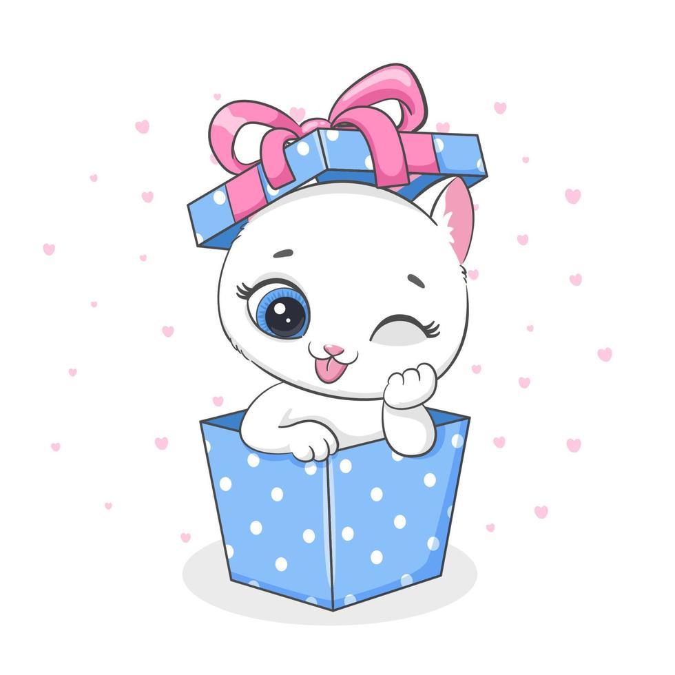 Happy birthday card, cute kitten in the present box. Cartoon drawing vector