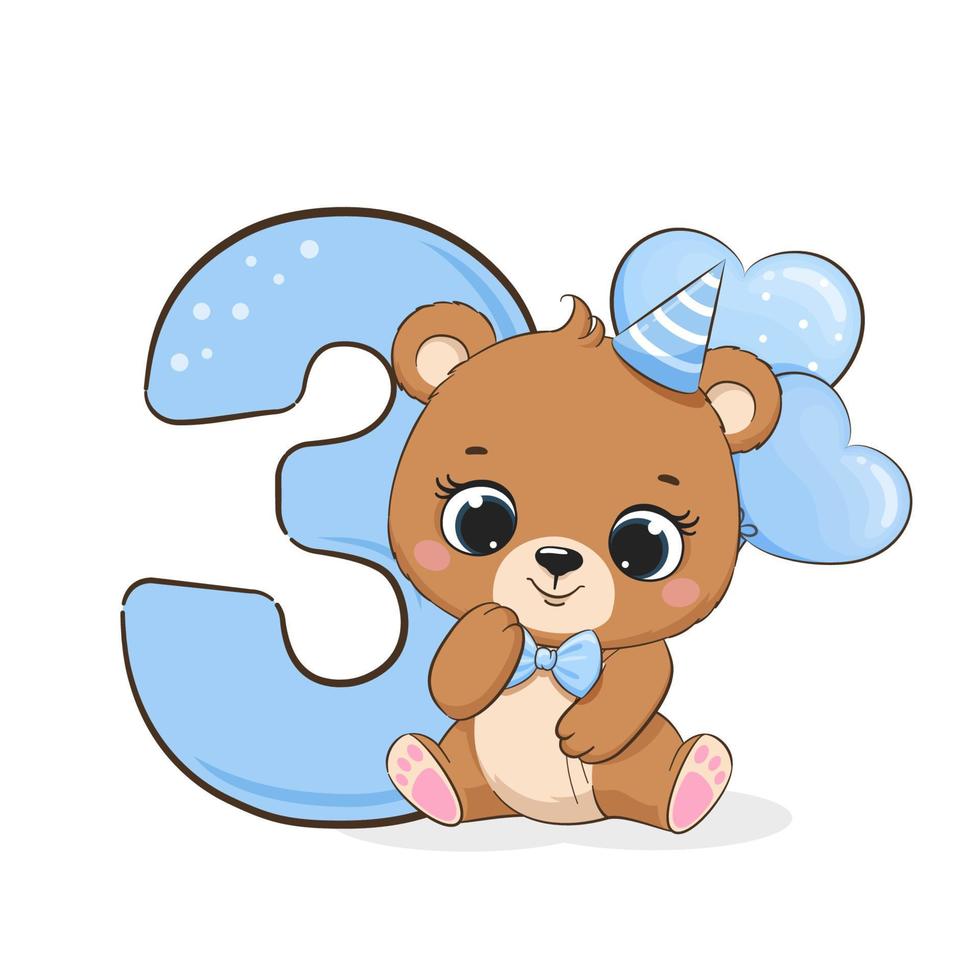 un ilustración desde el dibujos animados contento cumpleaños, 3 años viejo, un linda pequeño oso chico. vector ilustración.