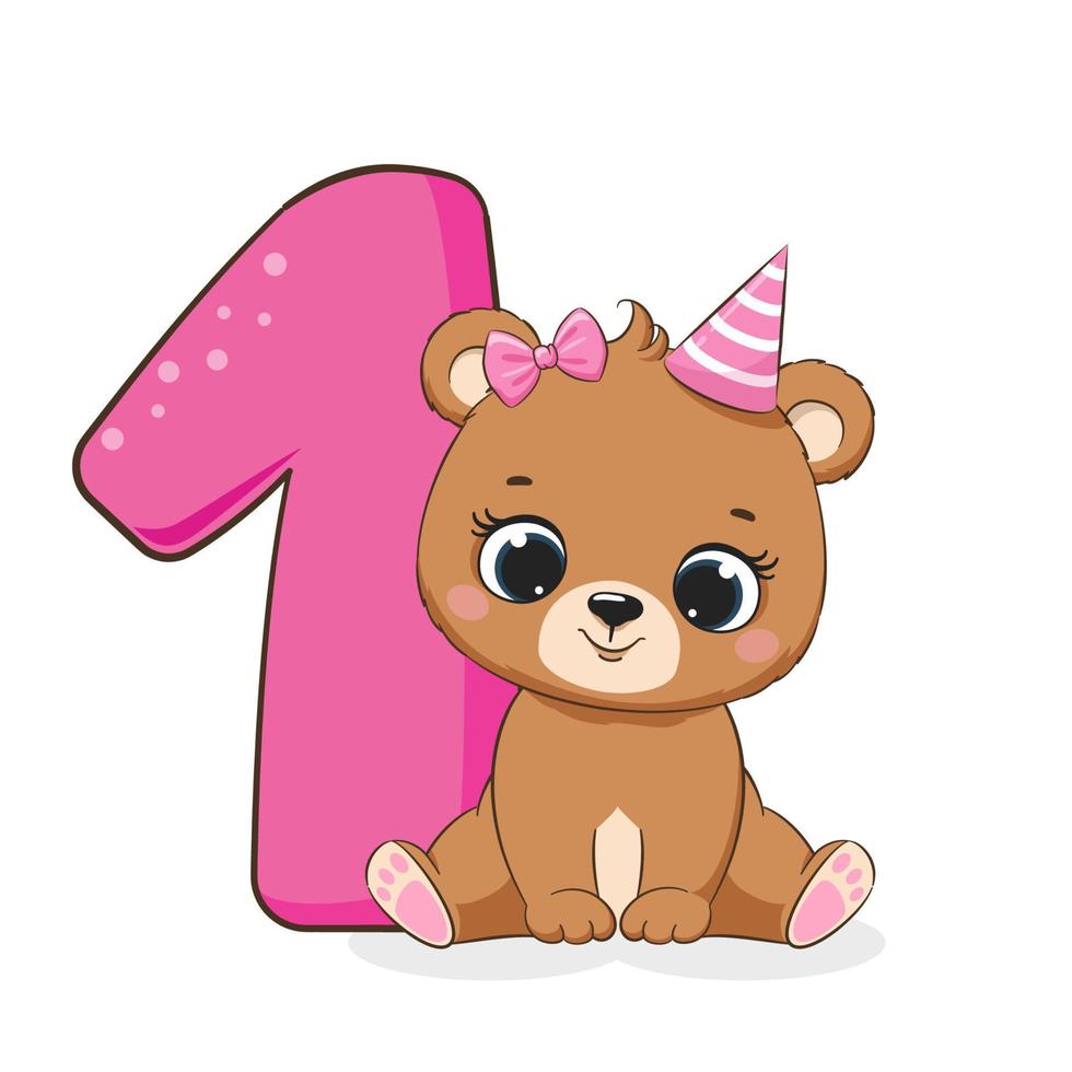 An illustration from the cartoon Happy birthday, 1 years old, a cute little bear girl. Vector illustration.