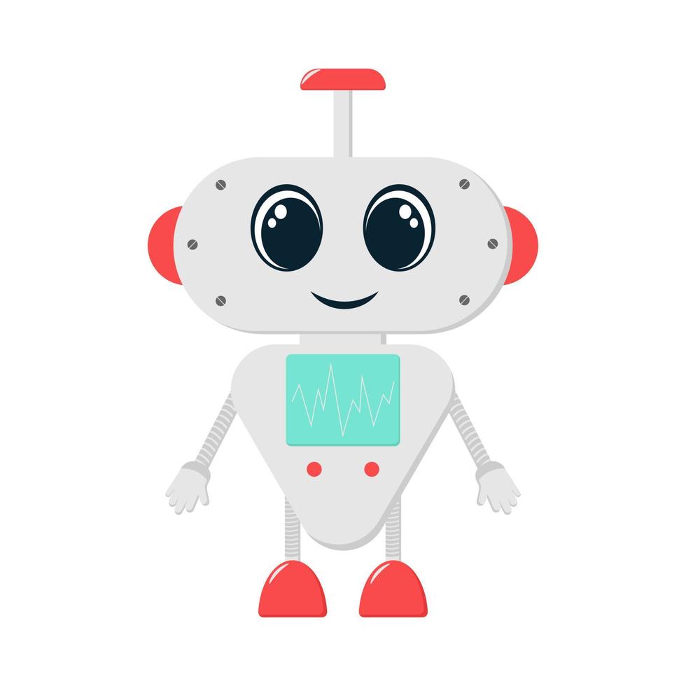 pegatina ilustración con moderno concepto de chatbot. robot en plano estilo con artificial inteligencia. el personaje es linda con grande ojos y redondeado formas vector