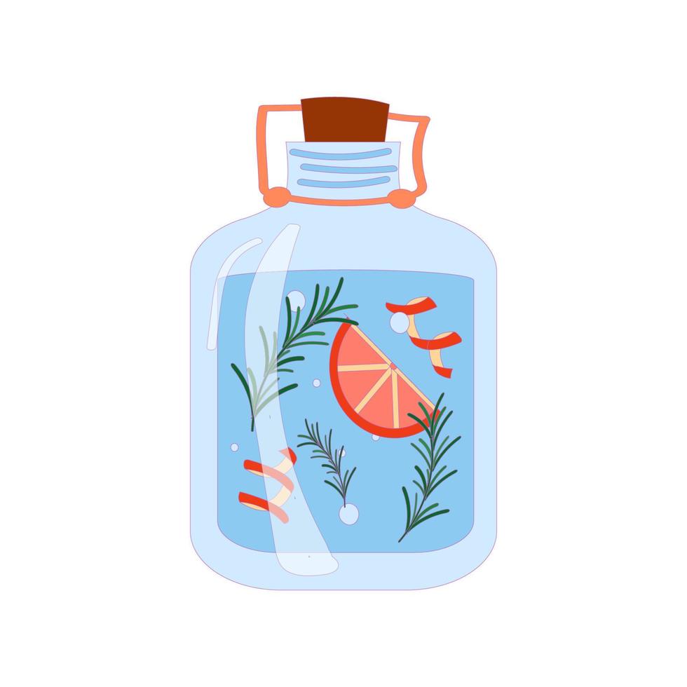 Flat vector illustration isolated on white background. Glass bottle with vinegar for eco-friendly cleaning. Rosemary and grapefruit.