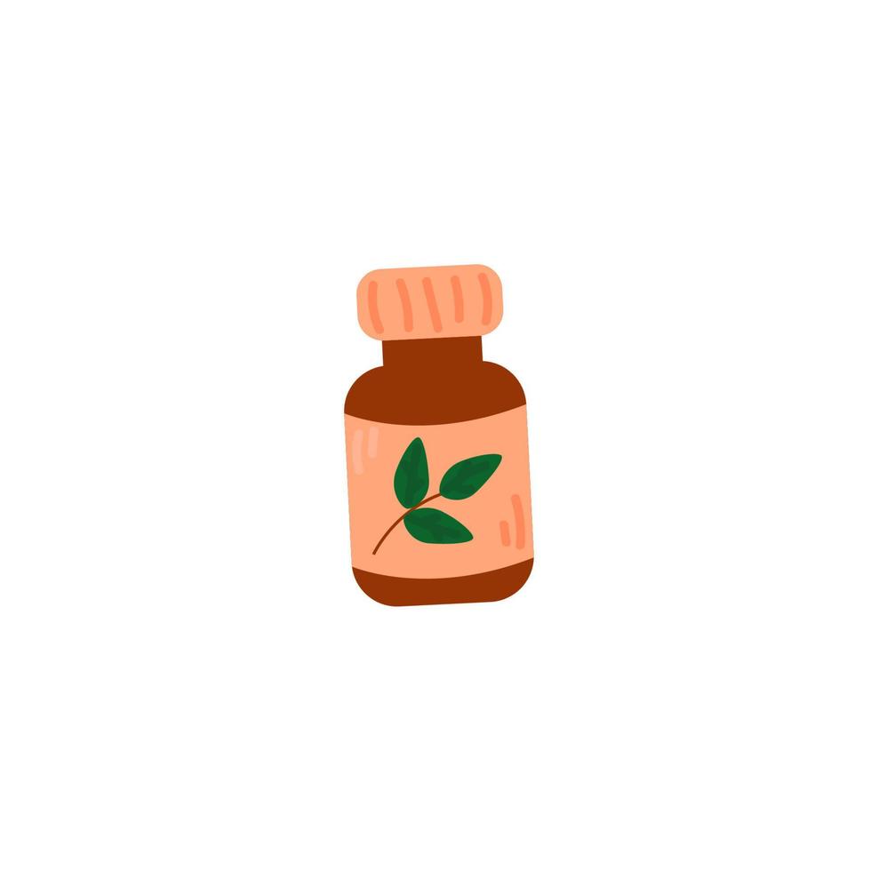 Flat vector illustration isolated on white background. Dark bottle with tea tree essential oil, aromatherapy.