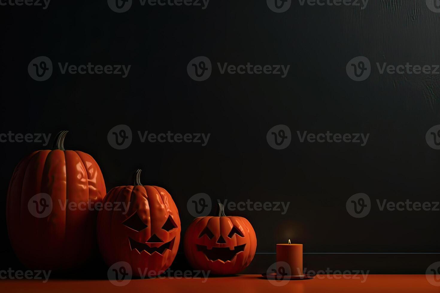 spooky halloween pumpkin, Jack O Lantern, with an evil face and eyes on a wooden bench, table with a misty night background with space for product placement. . photo
