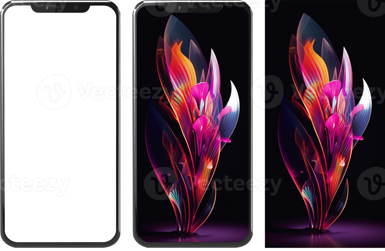 realistic illustration mobile phone mockup and abstract wallpaper beautiful blooming flower work, resulting in edited ai to transparent png background