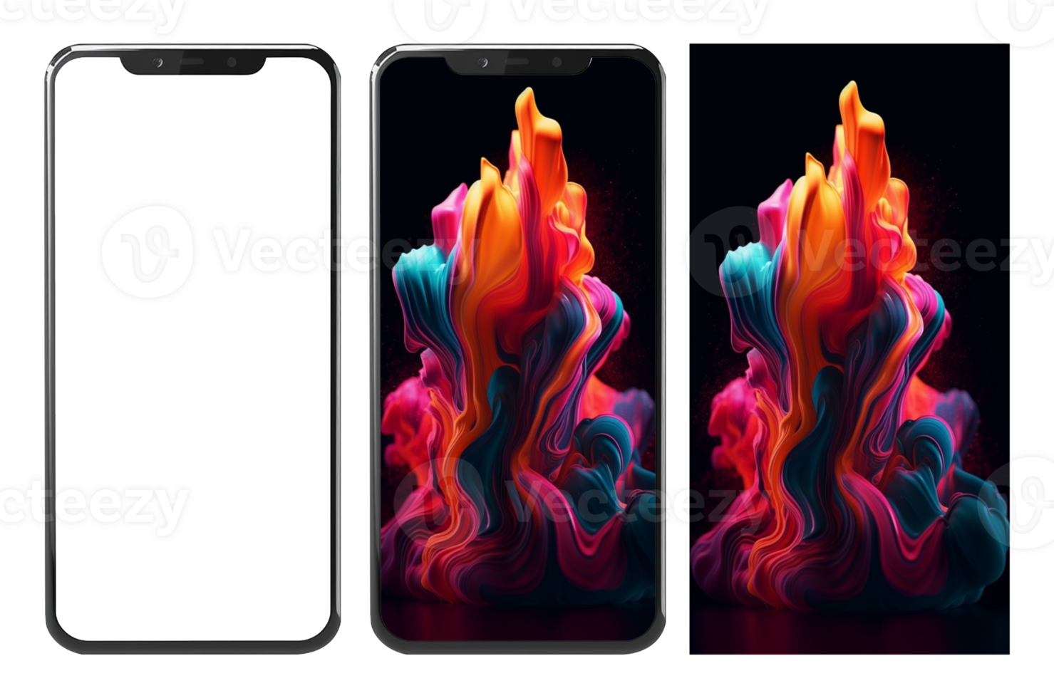 realistisch mobiel telefoon mockup en kleurrijk vloeistof verf explosie abstract behang, ai gegenereerd png