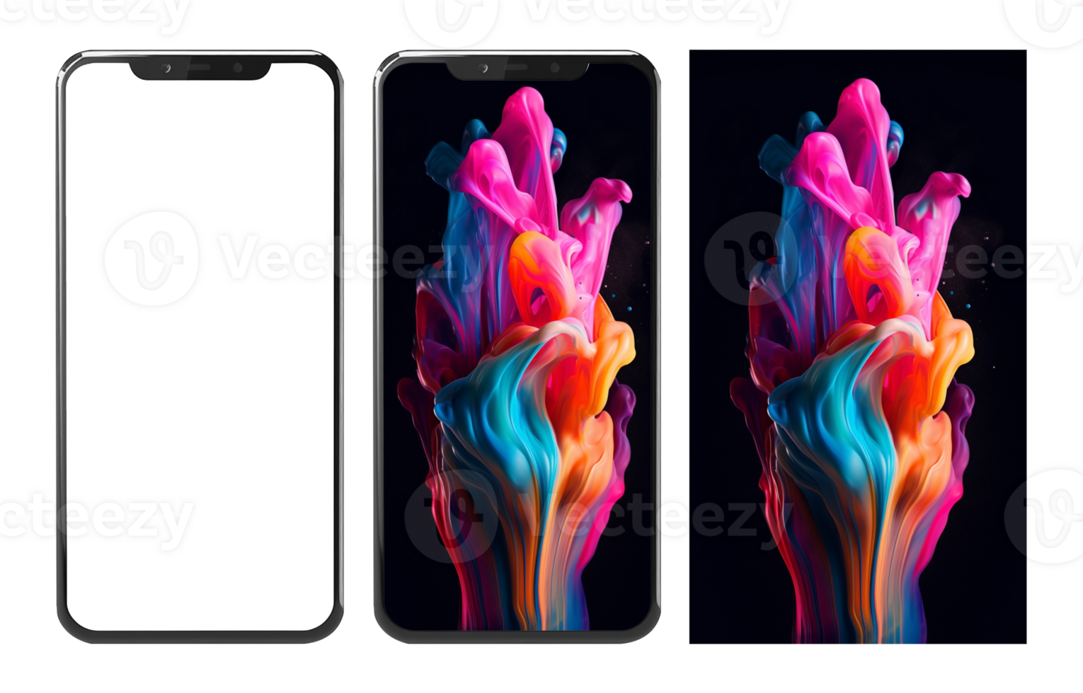 realistisch mobiel telefoon mockup en kleurrijk vloeistof verf explosie abstract behang, ai gegenereerd png