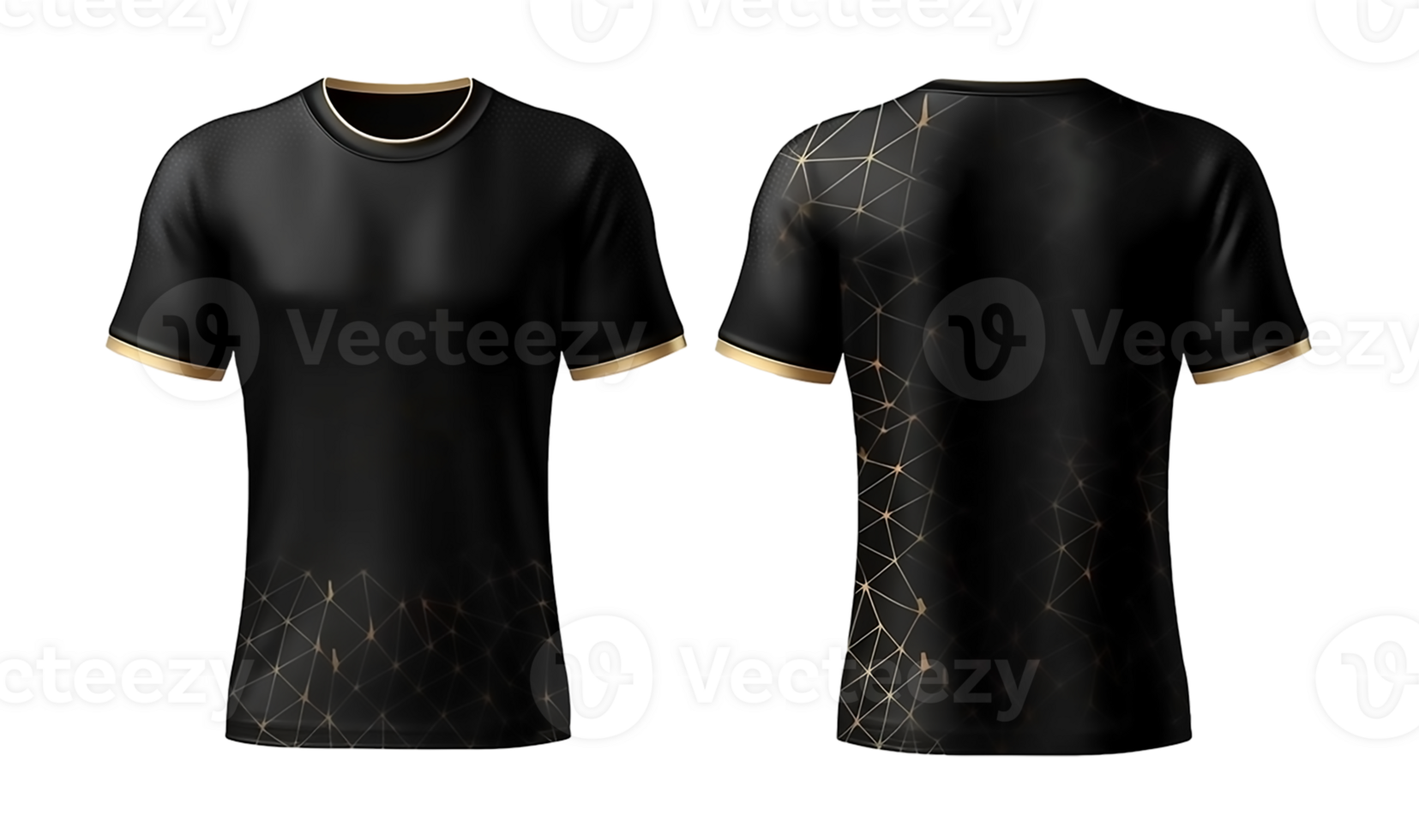 black sport shirt mockup with golden abstract pattern, front and back view, png