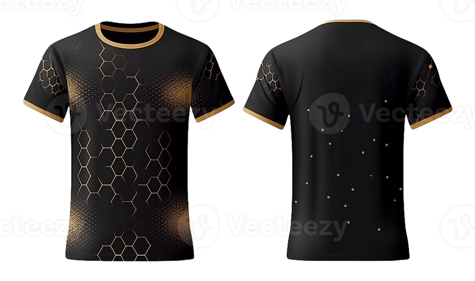 black sport shirt mockup with golden abstract pattern, front and back view, png