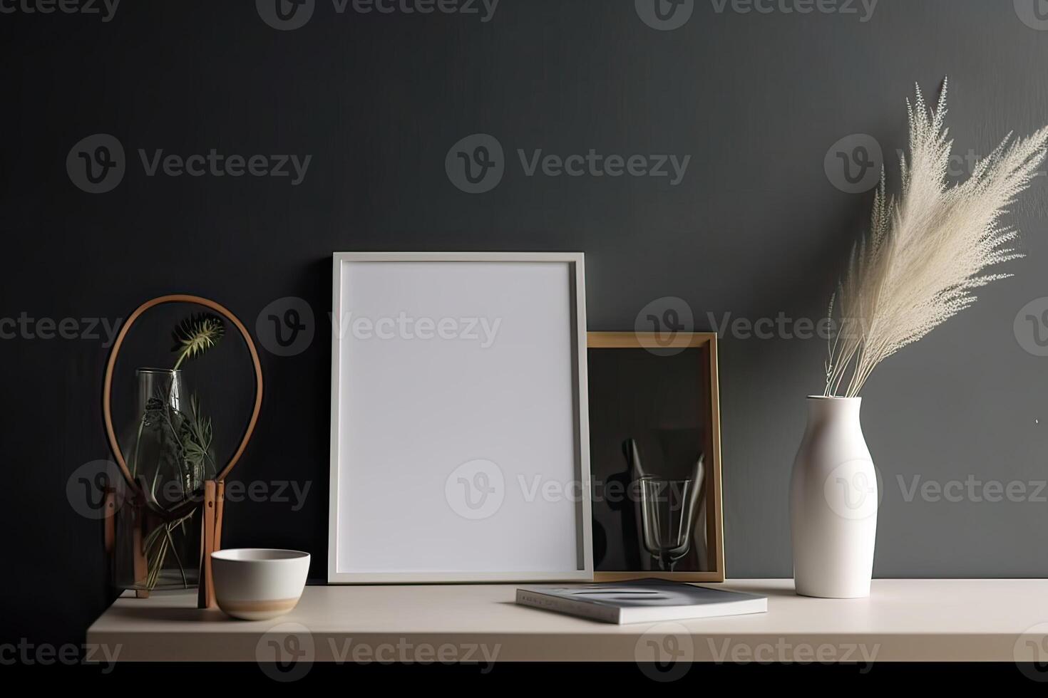 Mock up frame with minimal decor close up in home interior background. . photo