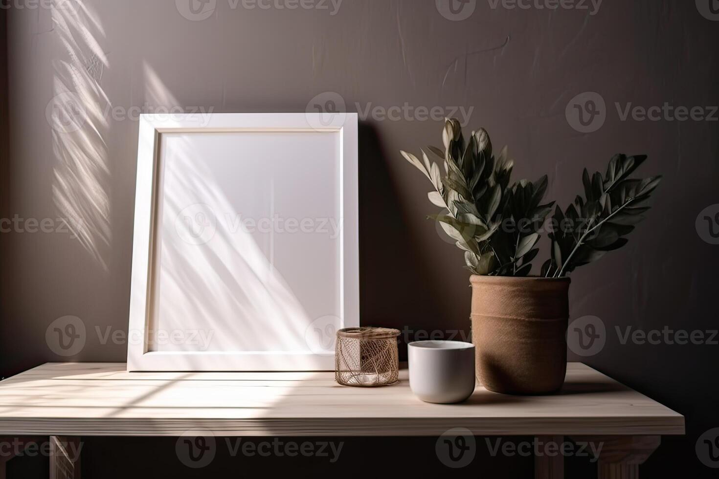 Mock up frame with minimal decor close up in home interior background. . photo